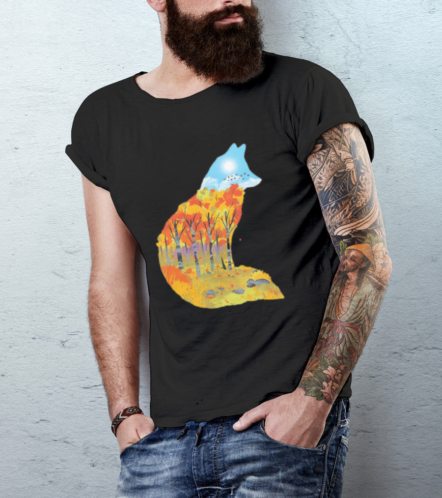 Fox Autumn Forest Landscape With Sun And Birds - I Am The Forest II T-Shirt