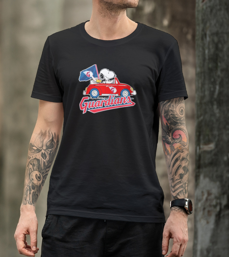 Peanuts Snoopy Woodstock Driving Car Cleveland Guardians Flag T-Shirt