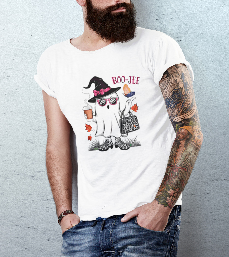 Boo Jee Leopard Ghost Fall Vibes With Hat And Coffee T-Shirt