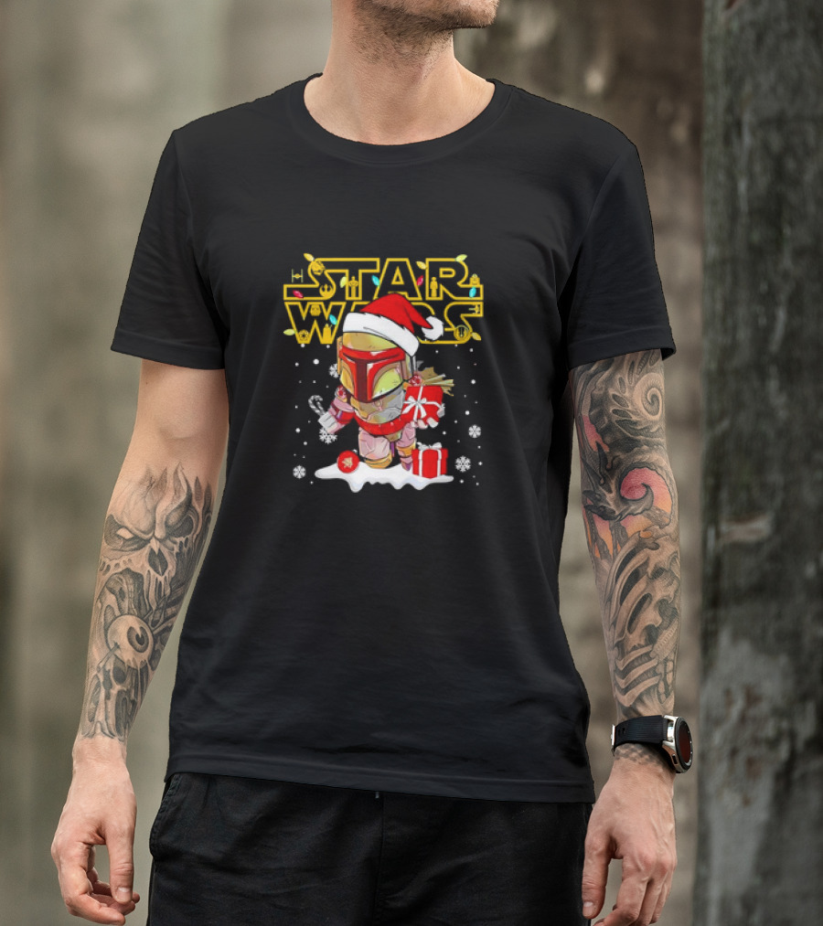 Disneyland Star Wars Boba Fett Christmas Santa Hat And Gifts Snowflakes T-Shirt