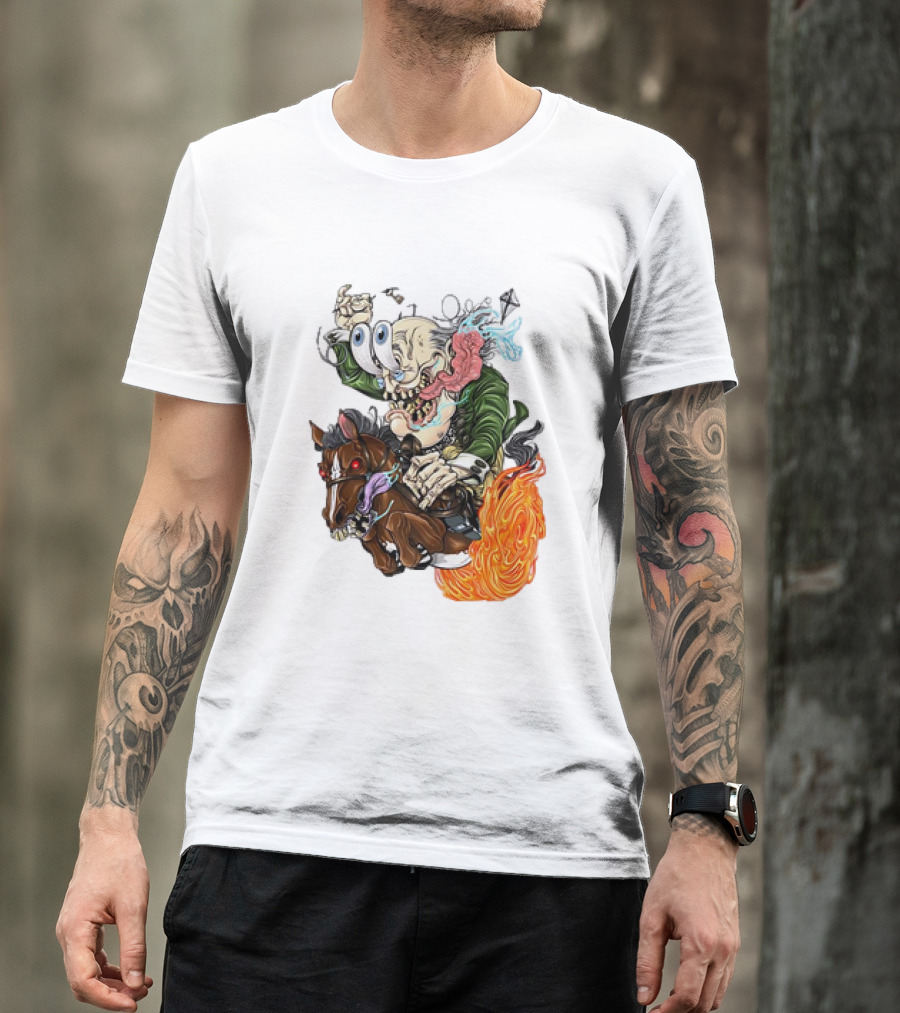 Ben FINKlin Surreal Dual-Eyed Figure On Flame-Engulfed Horse T-Shirt
