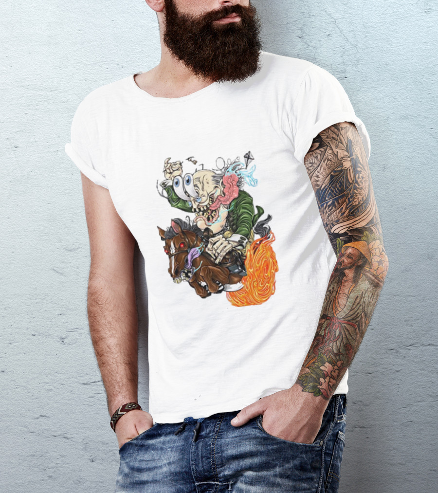 Ben FINKlin Surreal Dual-Eyed Figure On Flame-Engulfed Horse T-Shirt