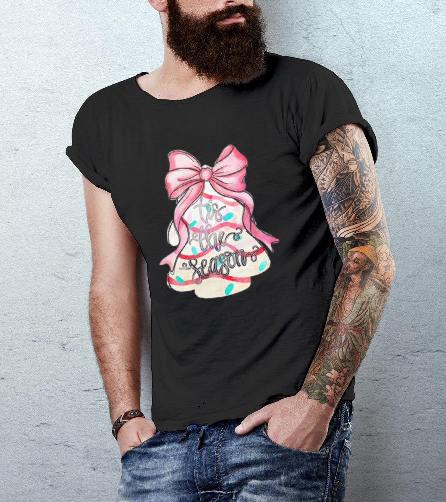 Tis The Season Christmas Tree Cakes Pink Bow T-Shirt