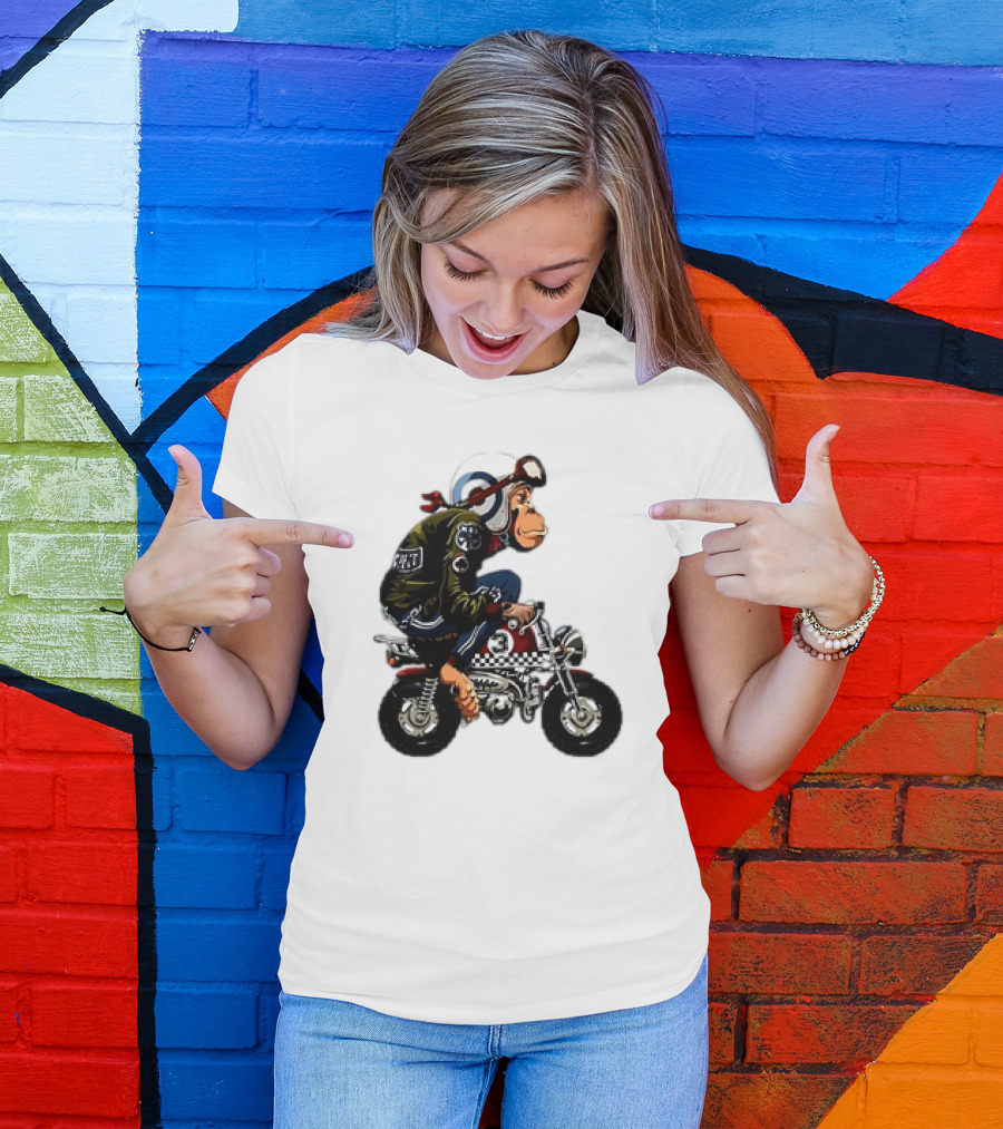 Monkey Riding Checkered Mini Bike Cartoon T-Shirt