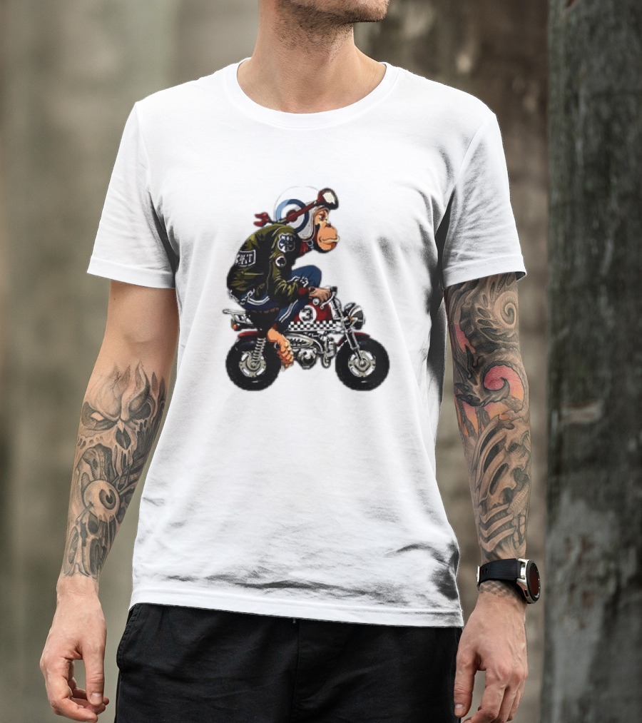 Monkey Riding Checkered Mini Bike Cartoon T-Shirt