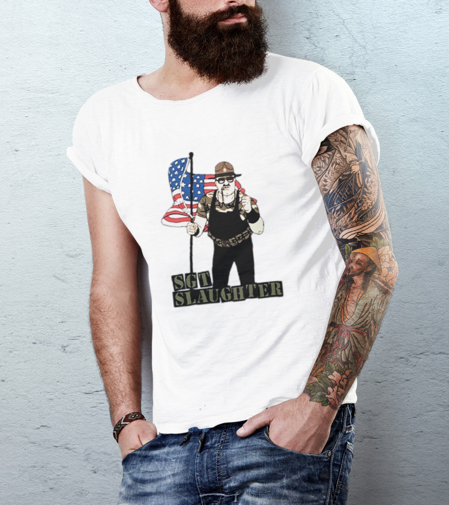 SGT Slaughter Holding American Flag Iconic Wrestling Figure T-Shirt