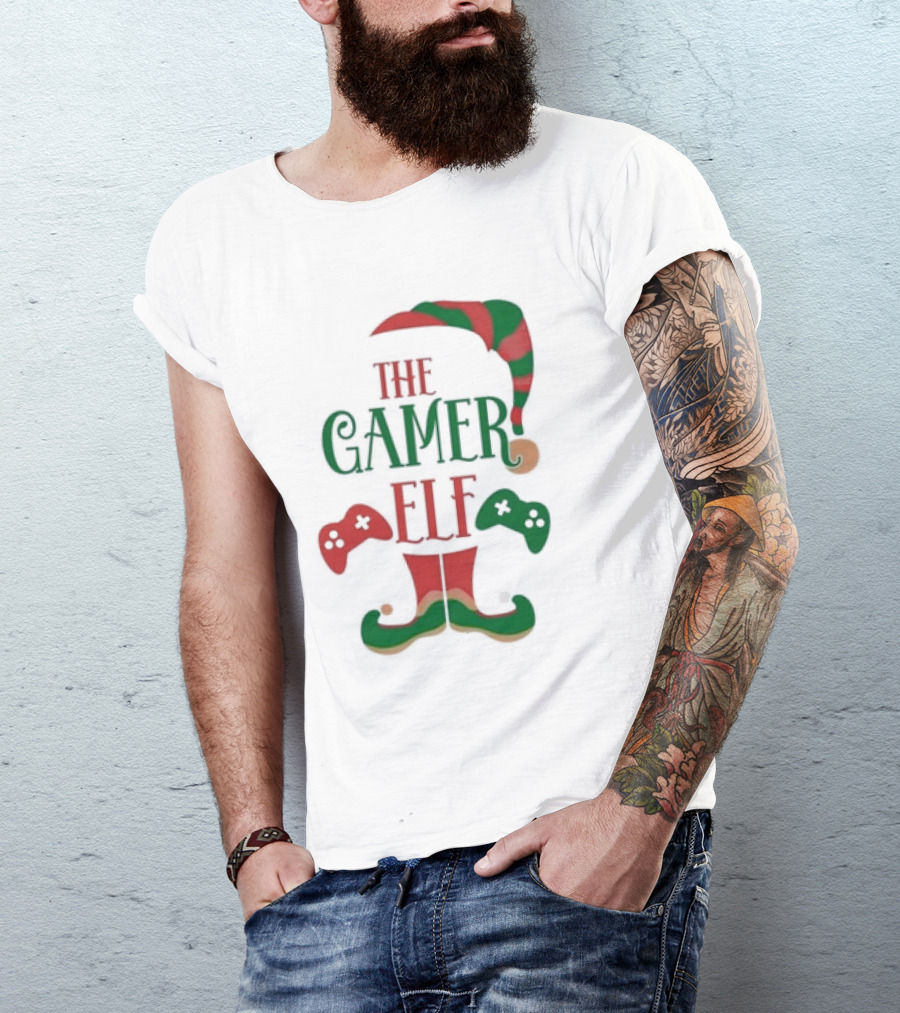 The Gamer Elf With Christmas Hat And Controllers T-Shirt