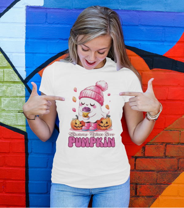 Ghost In Pink Beanie With Coffee And Pumpkins Whatever Spices Your Pumpkin T-Shirt