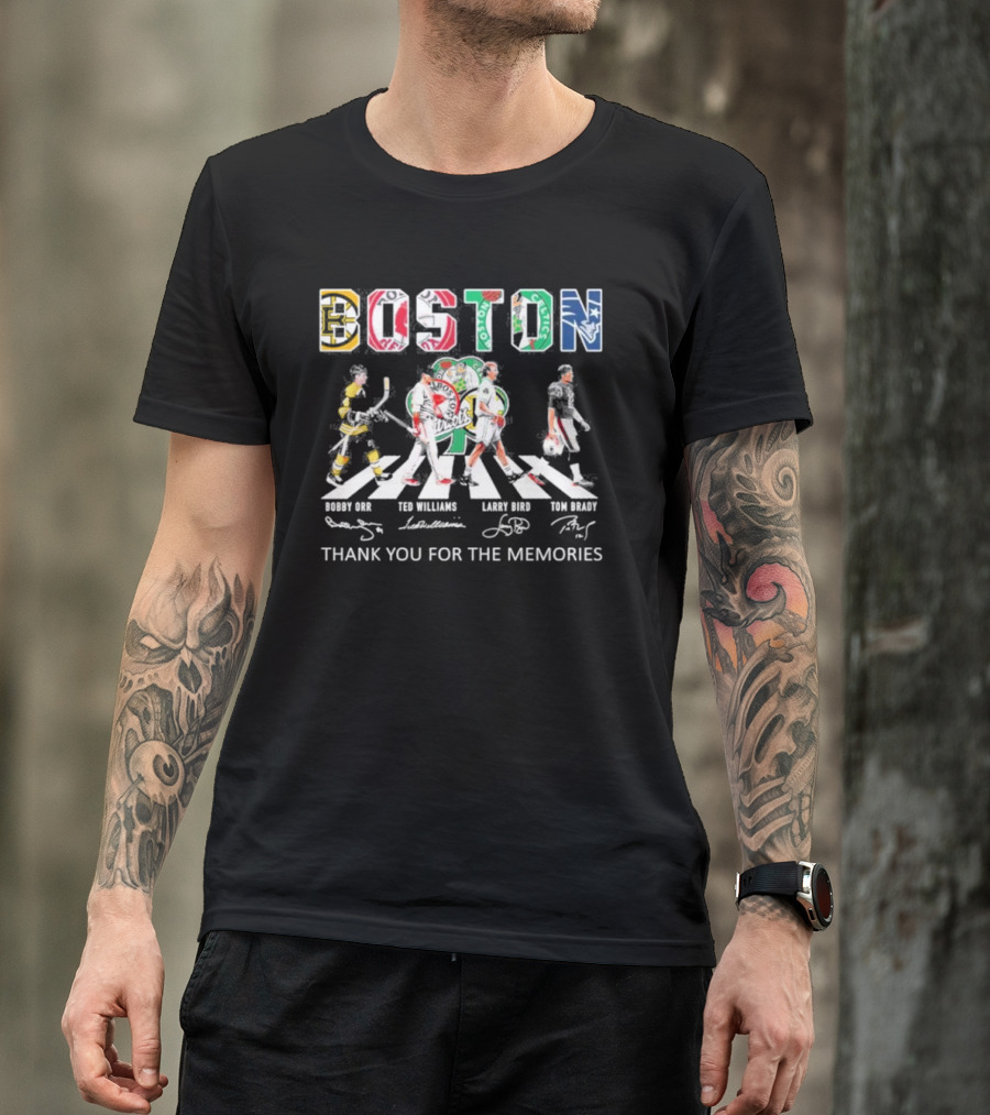Boston Legends Bobby Orr Ted Williams Larry Bird Tom Brady Abbey Road Thank You For The Memories T-Shirt