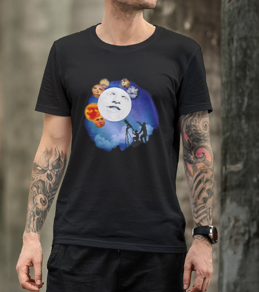 Man And Child Stargazing At Moon And Face Planets T-Shirt