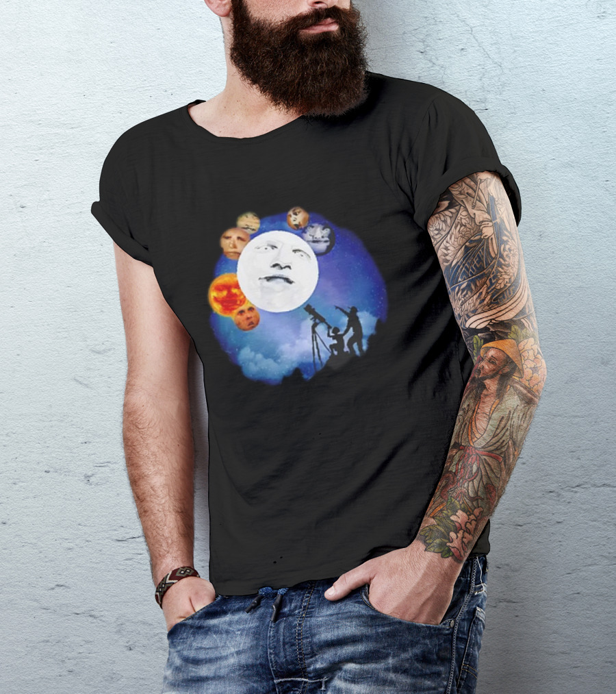 Man And Child Stargazing At Moon And Face Planets T-Shirt