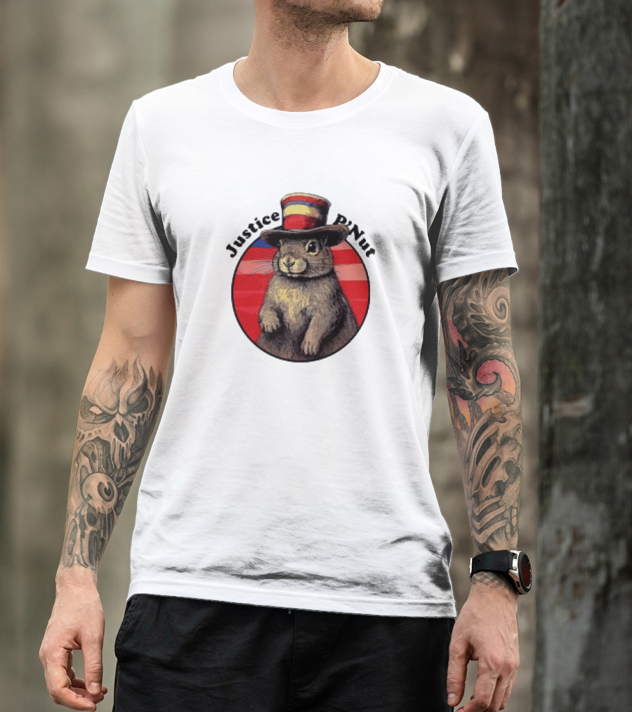 Justice P’Nut Squirrel Wearing Vintage Hat With Red Blue Stripes T-Shirt