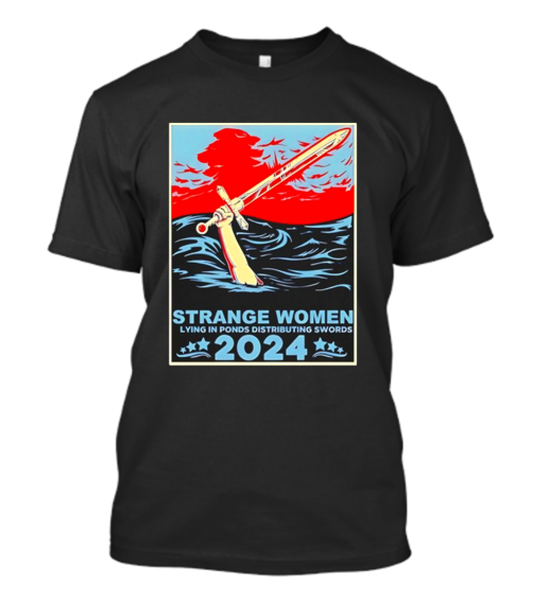 Strange Women Lying In Ponds Distributing Swords 2024 Vintage Sword Art With Stars And Waves T-Shirt