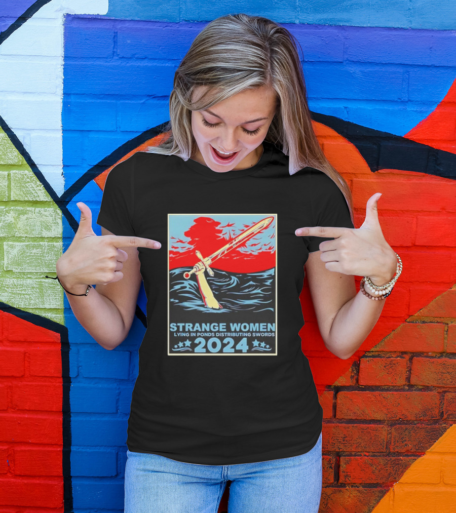 Strange Women Lying In Ponds Distributing Swords 2024 Vintage Sword Art With Stars And Waves T-Shirt