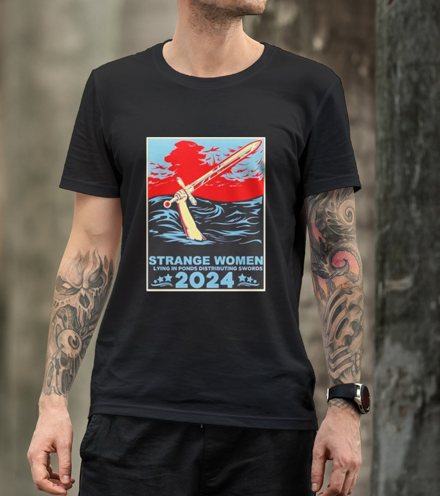 Strange Women Lying In Ponds Distributing Swords 2024 Vintage Sword Art With Stars And Waves T-Shirt