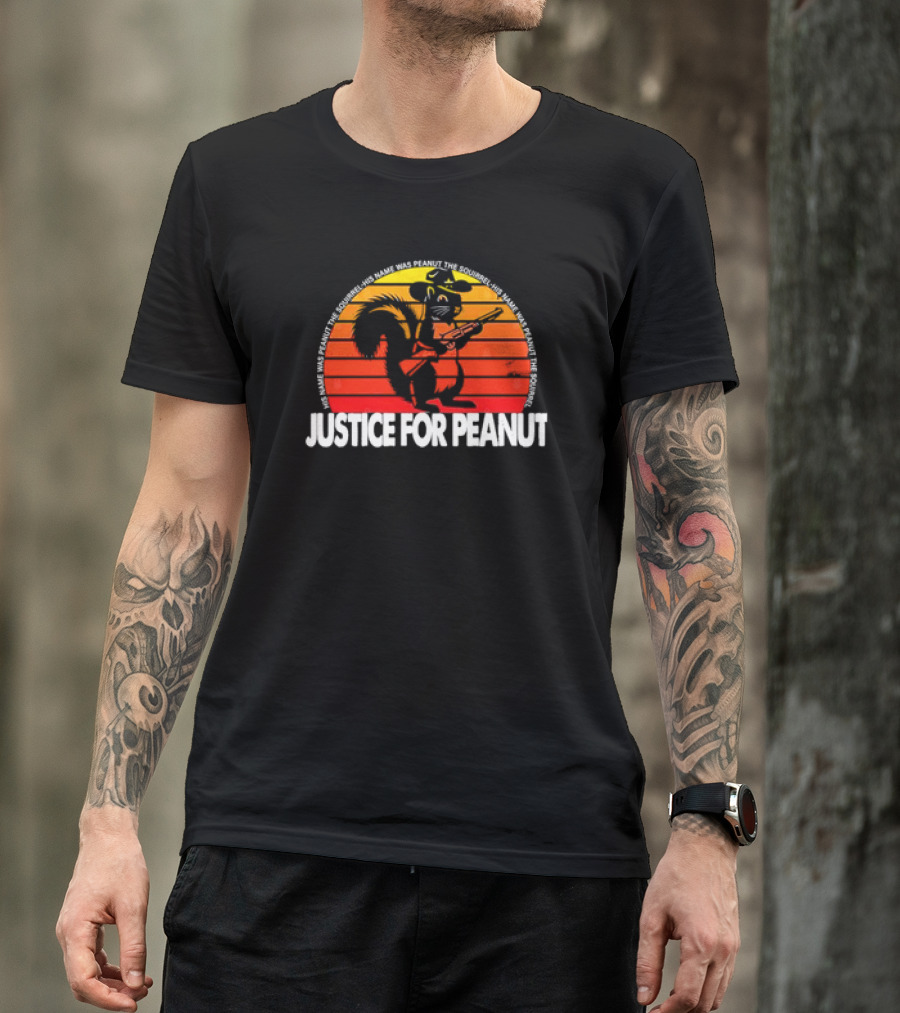 Justice For Peanut His Name Was Peanut The Squirrel Retro Sunset Squirrel With Hat And Gun T-Shirt