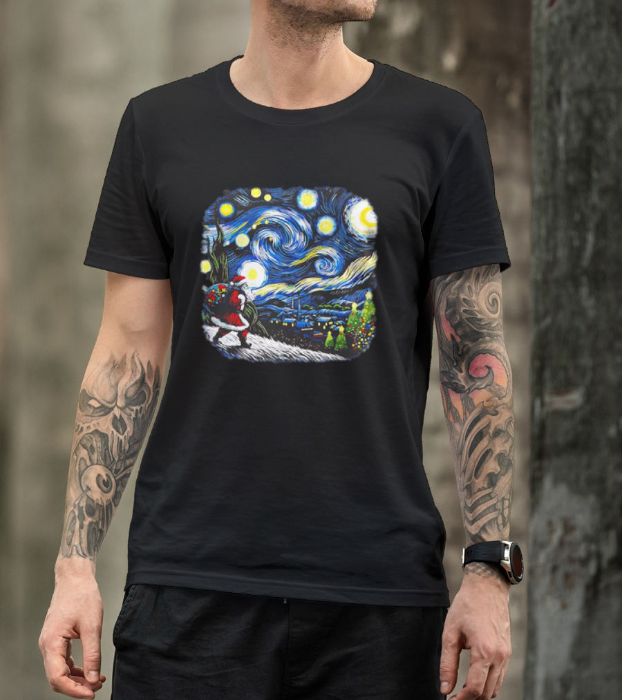 Van Gogh Starry Night Santa Christmas Winter Snowy Night Scene T-Shirt