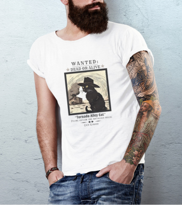 Wanted Dead Or Alive Tornado Alley Cat Oklahoma Whiskered Rascal Cowboy Twister Retro T-Shirt