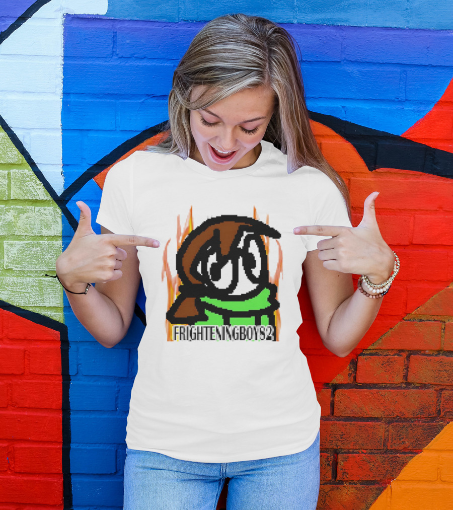 FRIGHTENINGBOY82 Leaf Pixel Art Character With Green Scarf And Flames T-Shirt