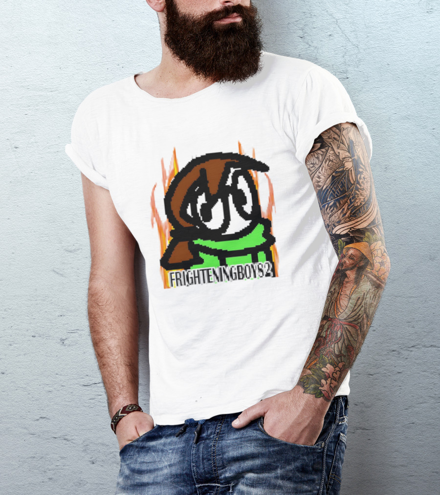 FRIGHTENINGBOY82 Leaf Pixel Art Character With Green Scarf And Flames T-Shirt