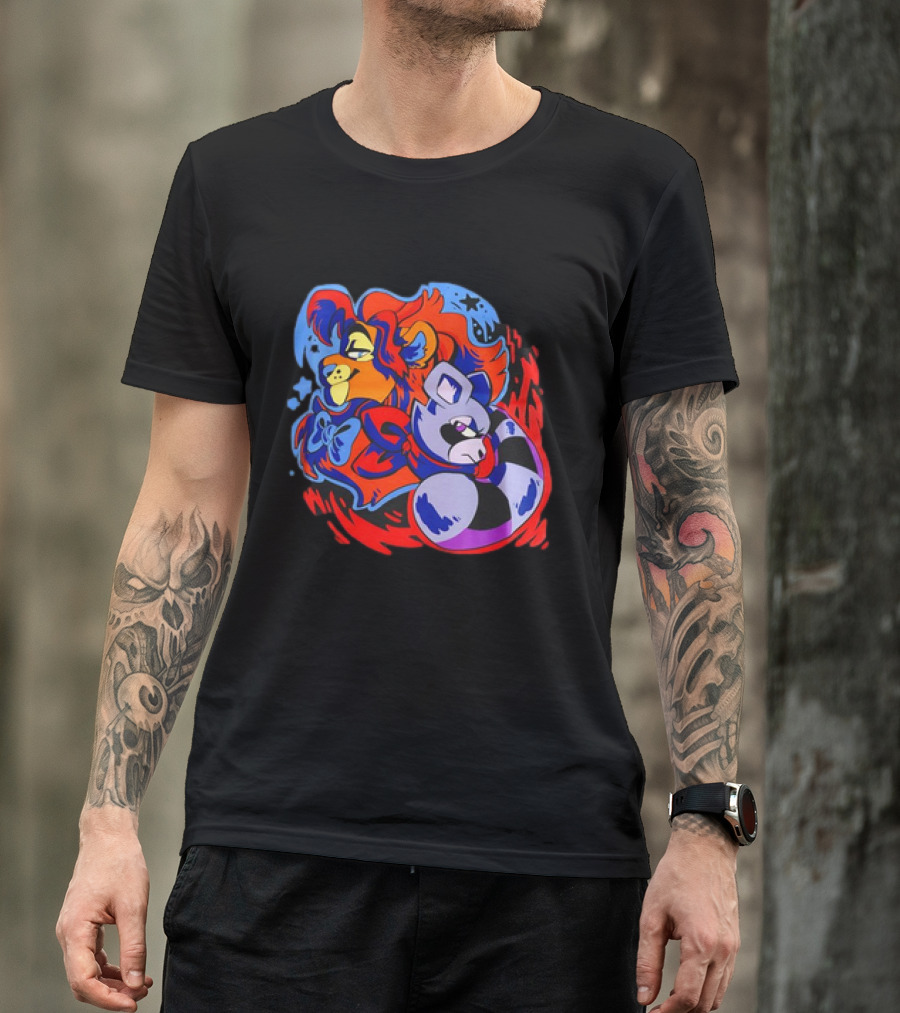 Lion And Raccoon Cartoon With Colorful Flowing Manes And Scarves T-Shirt