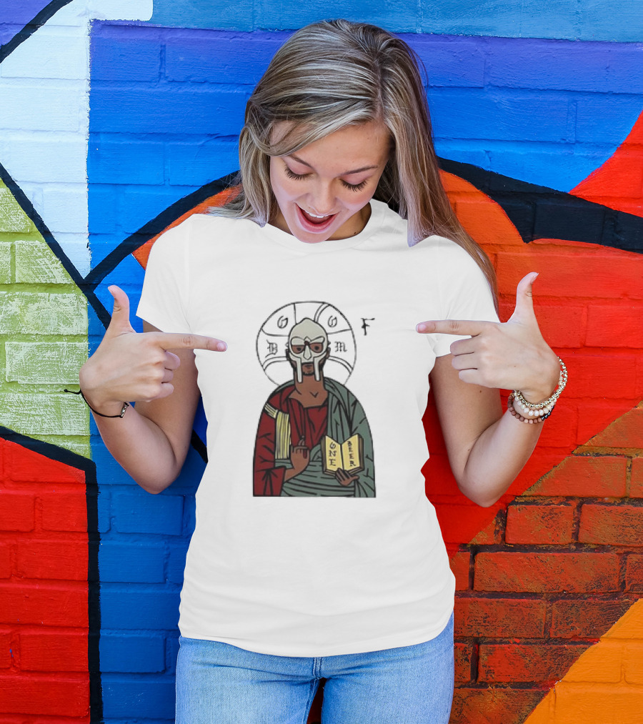 MF DOOM Cartoon Iconic Mask With Sacred Imagery And Open Book One Beer T-Shirt