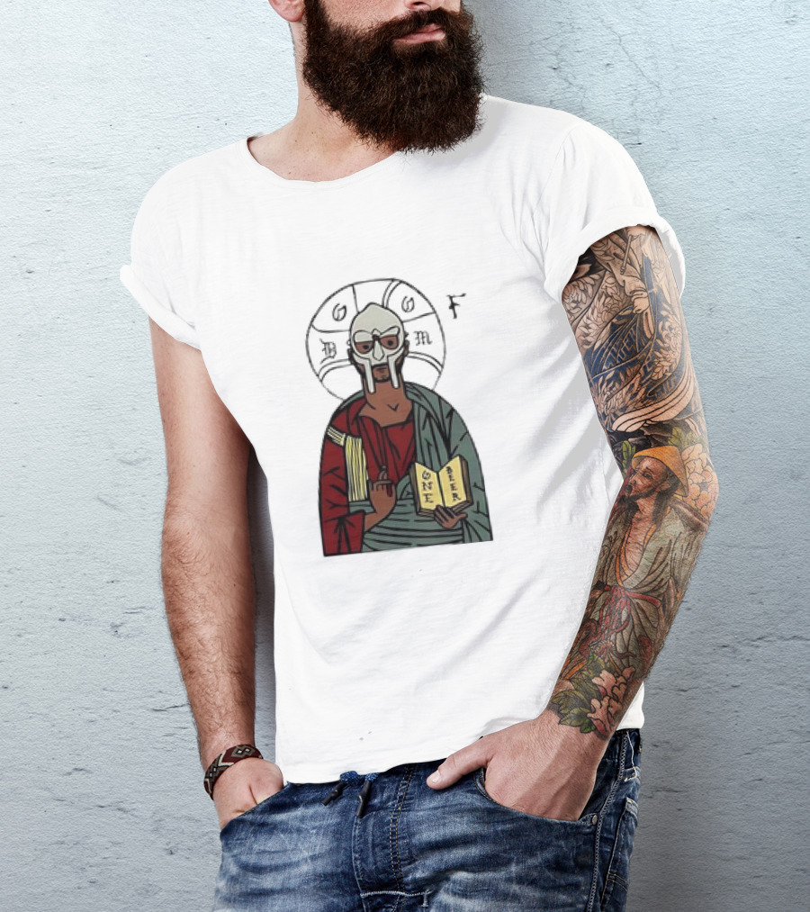 MF DOOM Cartoon Iconic Mask With Sacred Imagery And Open Book One Beer T-Shirt