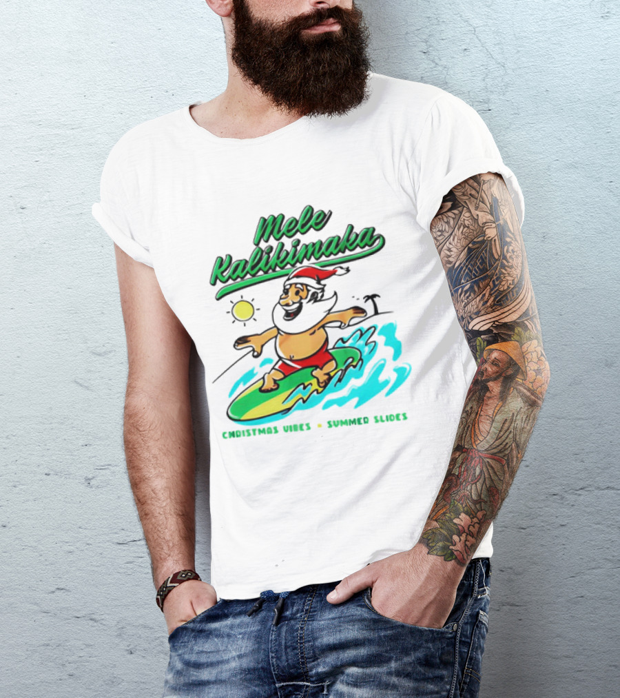 Mele Kalikimaka Santa Claus Surfing Christmas Vibes Summer Slides T-Shirt