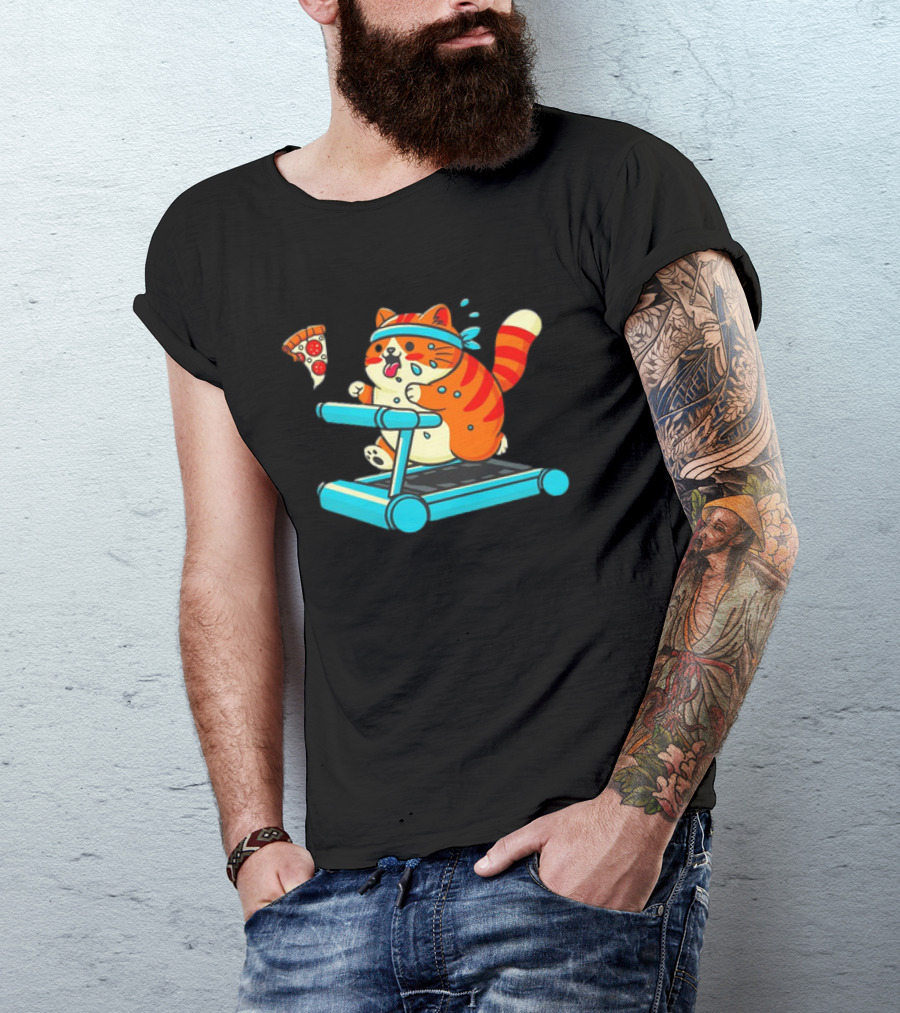 Chasing Dreams And Pizza Slices Chonky Cat Running On Treadmill T-Shirt