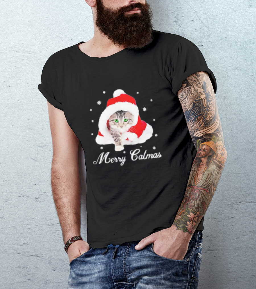 Merry Catmas Cute Kitten Santa Hat Christmas 2024 Festive T-Shirt
