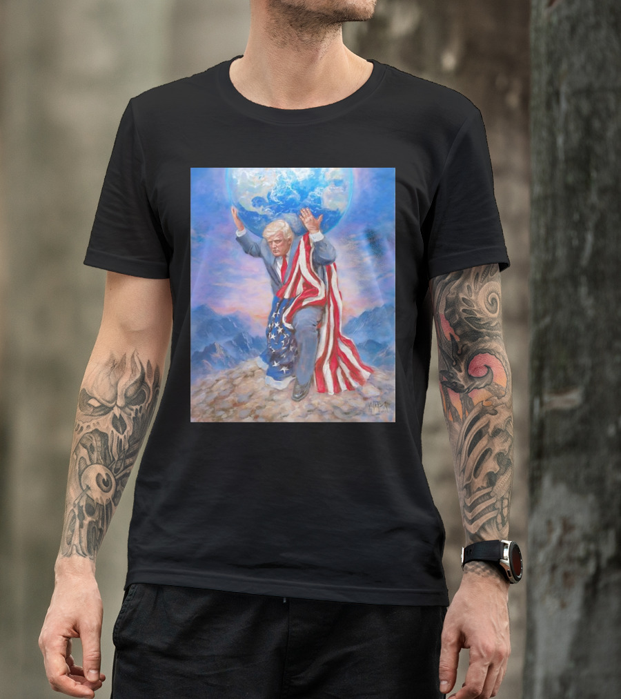 Trump Leads The Way Holding Earth Draped In American Flag T-Shirt