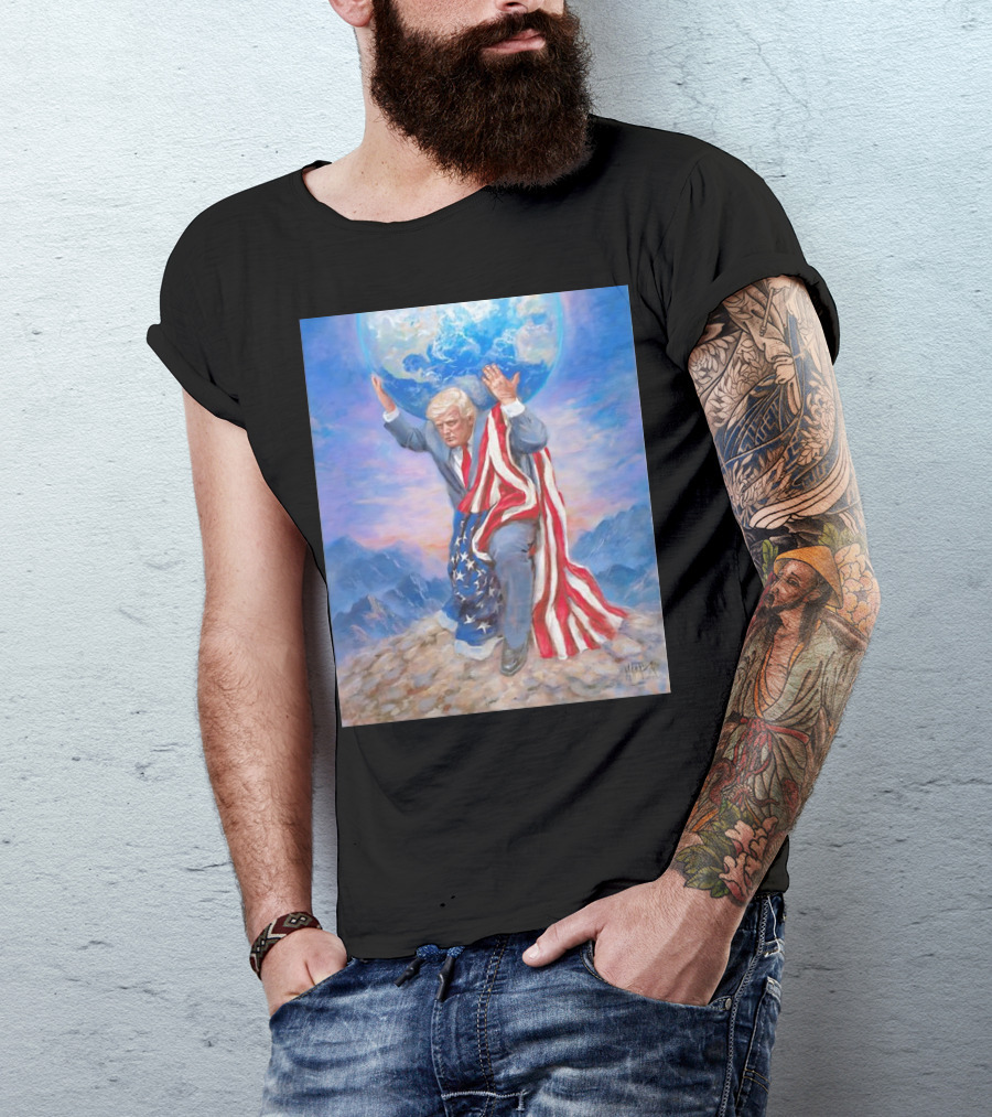 Trump Leads The Way Holding Earth Draped In American Flag T-Shirt