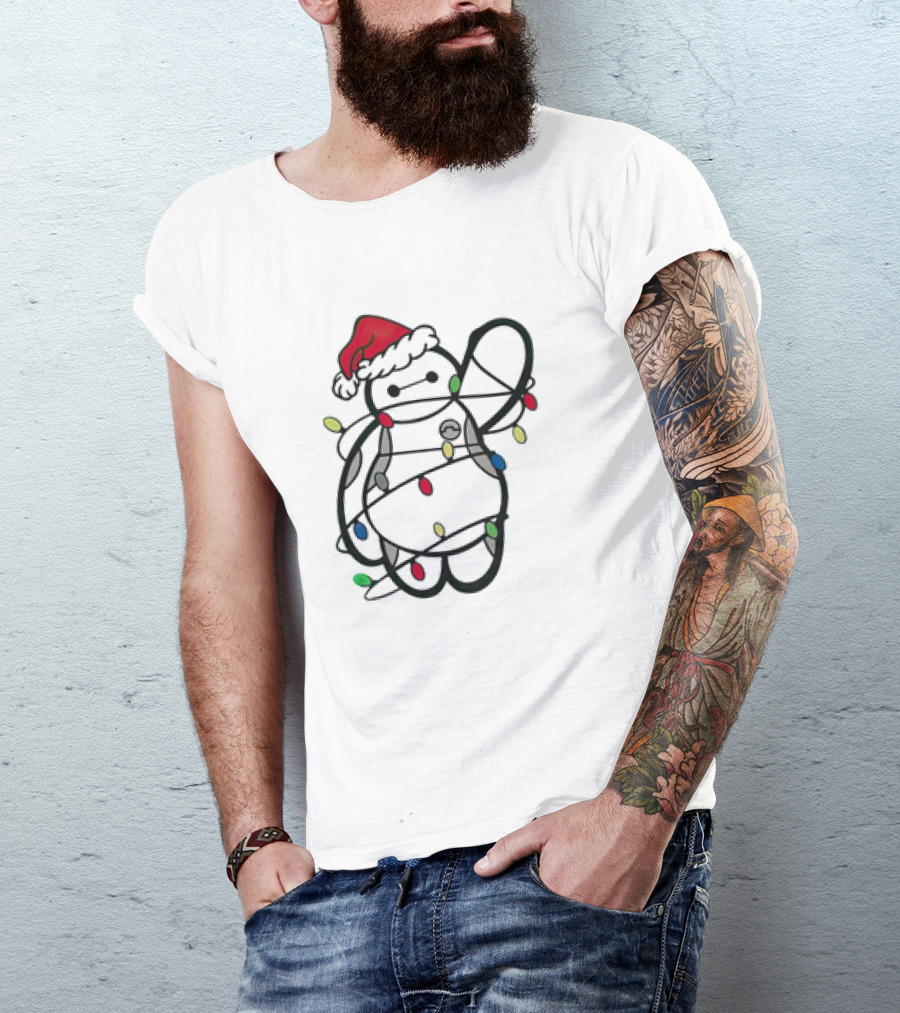 Baymax Wrapped In Christmas Lights Wearing Santa Hat T-Shirt