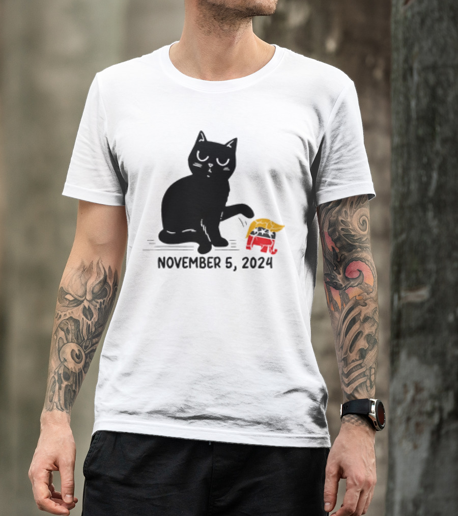 Black Cat Knocking Over Trump Hair Elephant November 5 T-Shirt