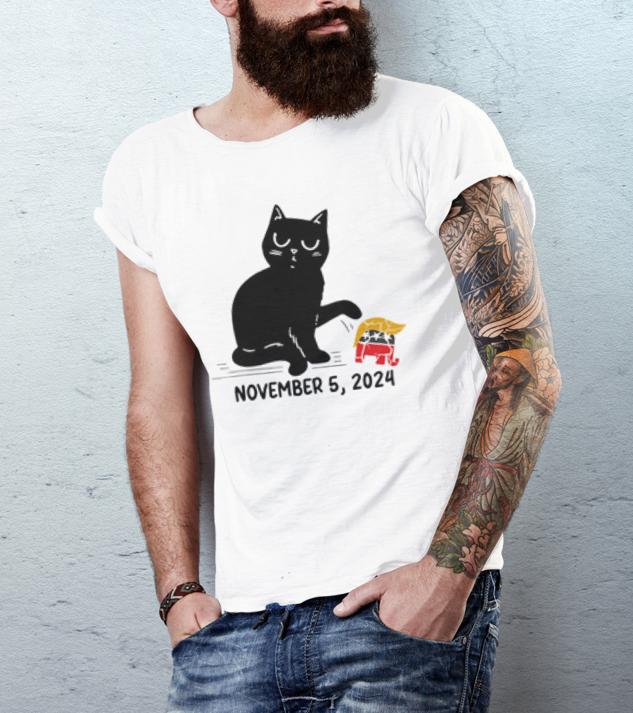 Black Cat Knocking Over Trump Hair Elephant November 5 T-Shirt