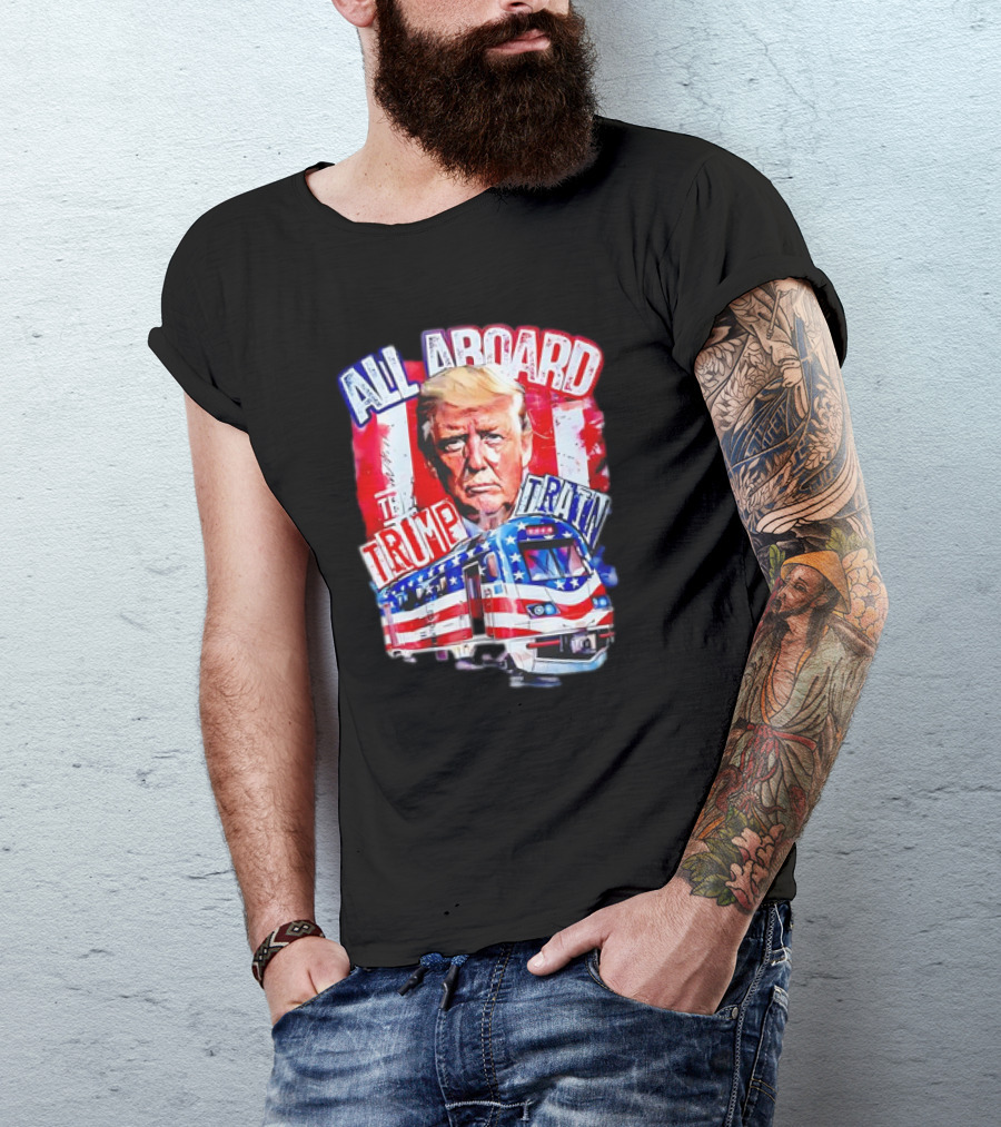 All Aboard The Trump Train With Patriotic Imagery And Train T-Shirt