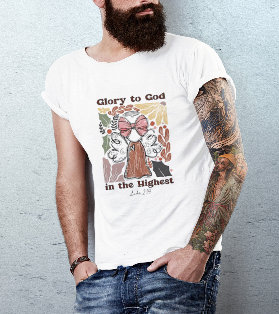 Glory To God In The Highest Luke 2:14 Retro Vintage Christian Angel Bow T-Shirt