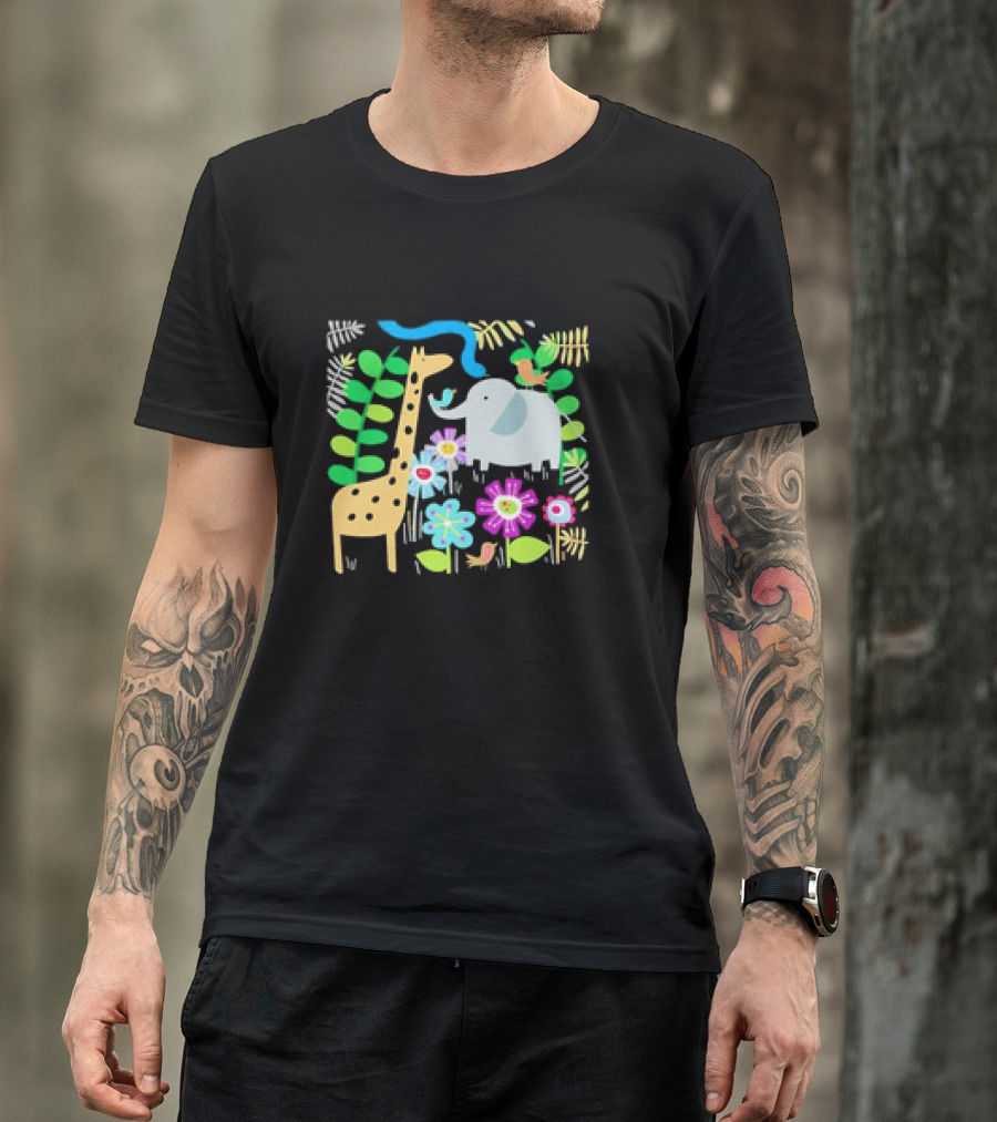 Safari Animal Party Jungle Giraffe Elephant Floral T-Shirt