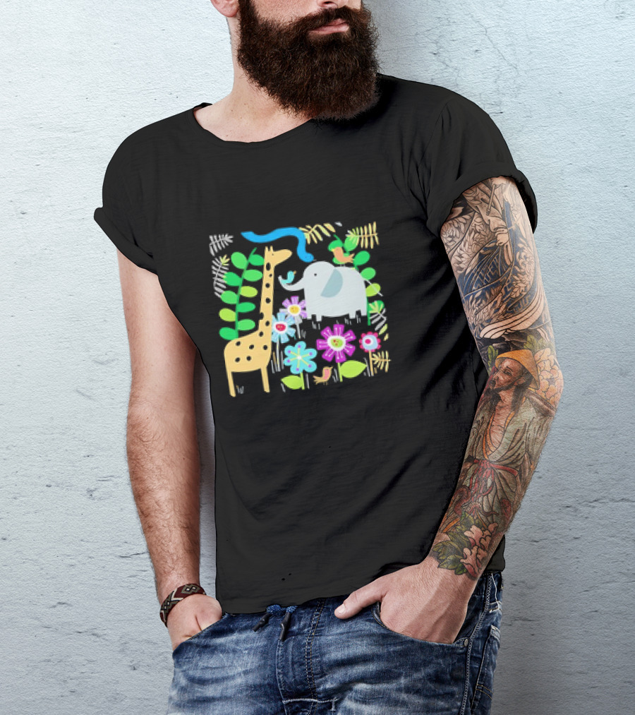 Safari Animal Party Jungle Giraffe Elephant Floral T-Shirt