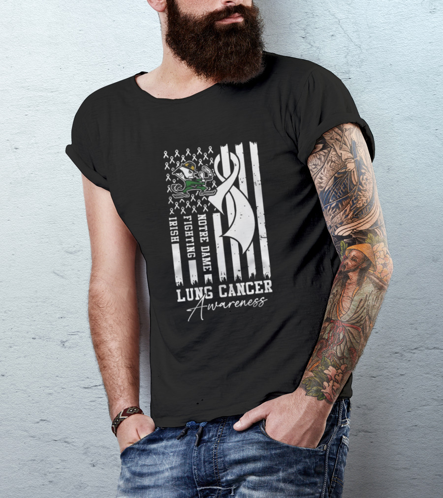 Notre Dame Fighting Irish Lung Cancer Awareness 2024 Ribbon Flag T-Shirt