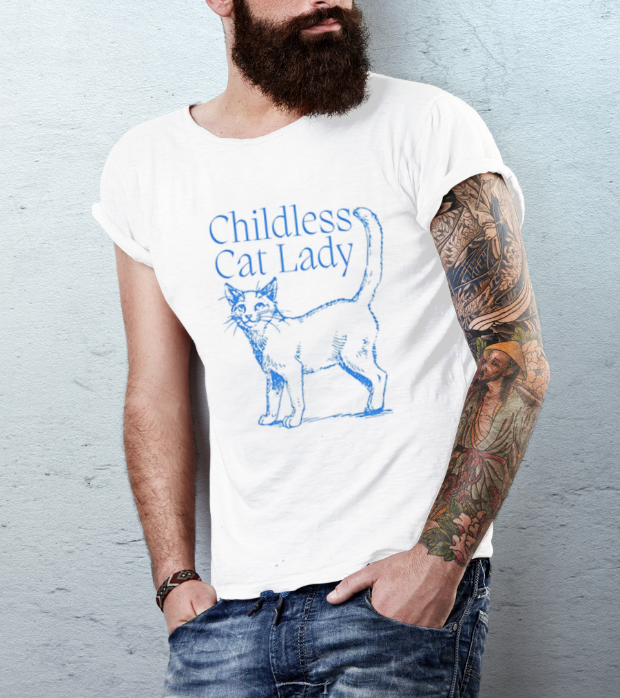 Childless Cat Lady Blue Sketch T-Shirt