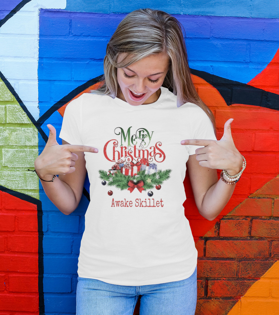 Merry Christmas Awake Skillet Festive Presents And Pine Garland T-Shirt