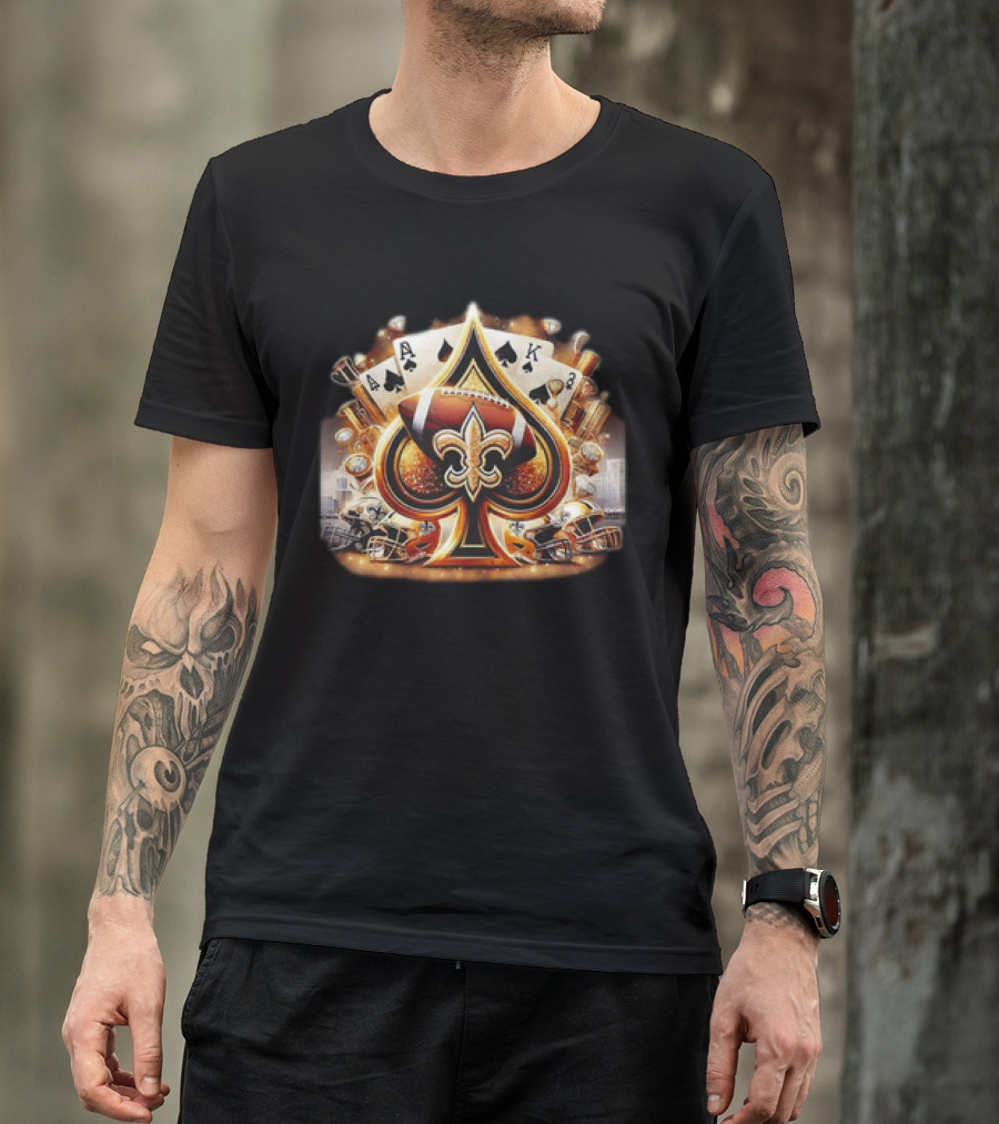 New Orleans Saints Gold Spade Football And Fleur-de-Lis With Playing Cards And Helmets T-Shirt