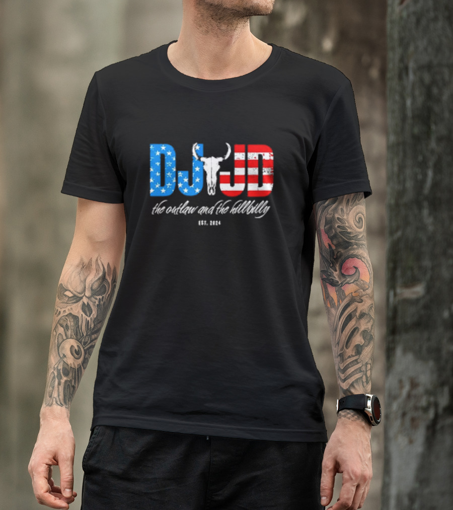 DJ JD The Outlaw And The Hillbilly Est. 2024 American Flag Bull Skull T-Shirt
