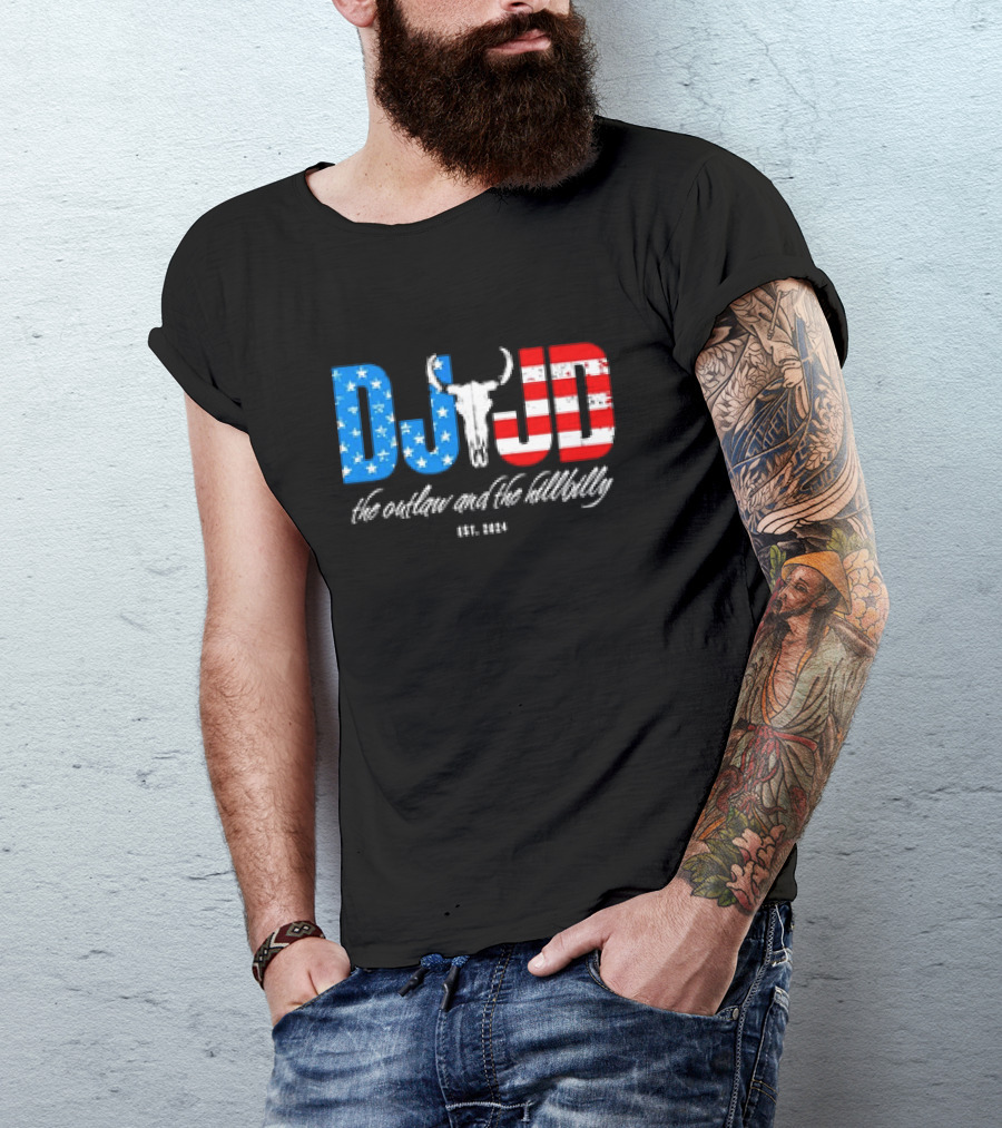 DJ JD The Outlaw And The Hillbilly Est. 2024 American Flag Bull Skull T-Shirt