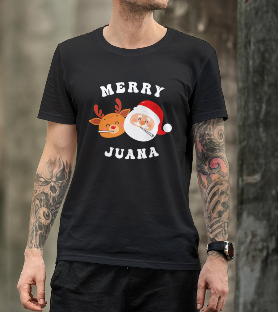 Merry Juana Christmas Santa And Reindeer Smoking Holiday Fun T-Shirt