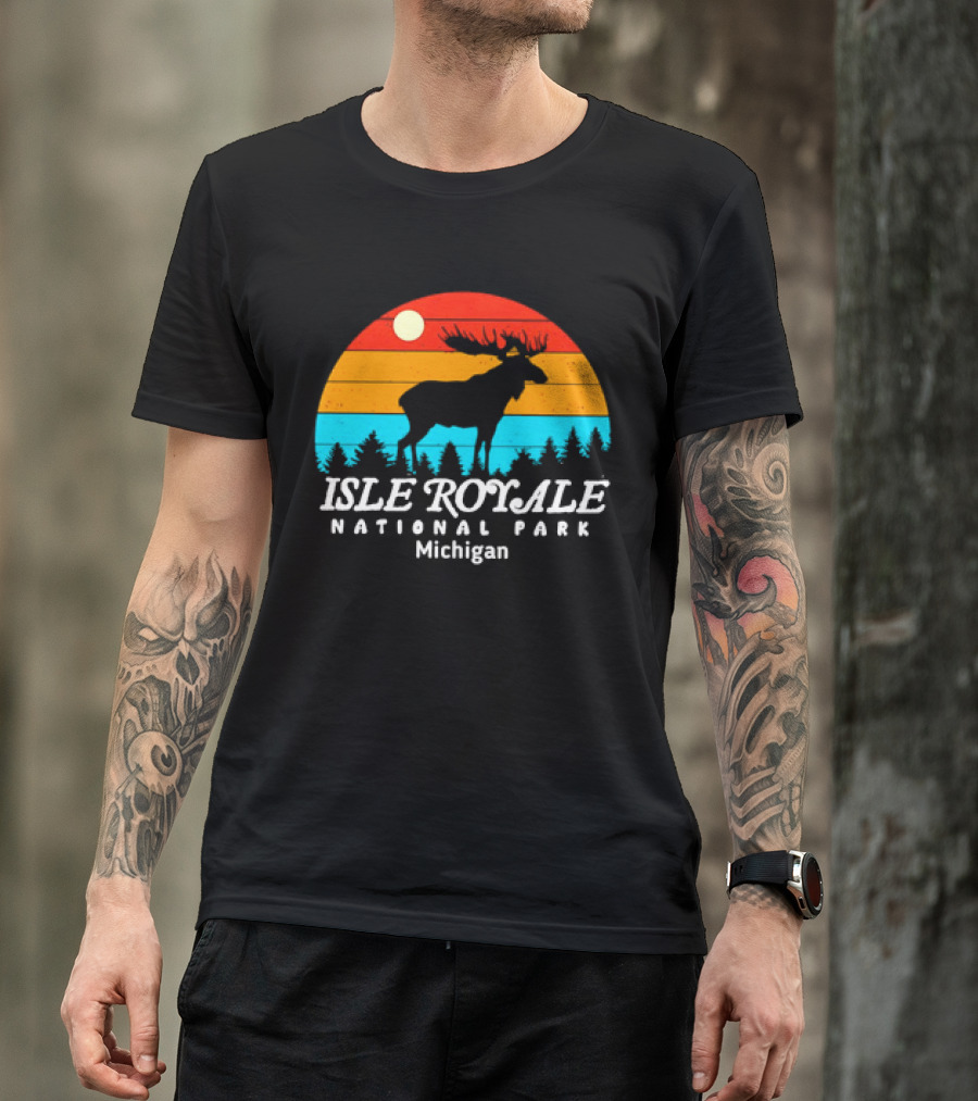 Isle Royale National Park Michigan Vintage Sunset Moose T-Shirt