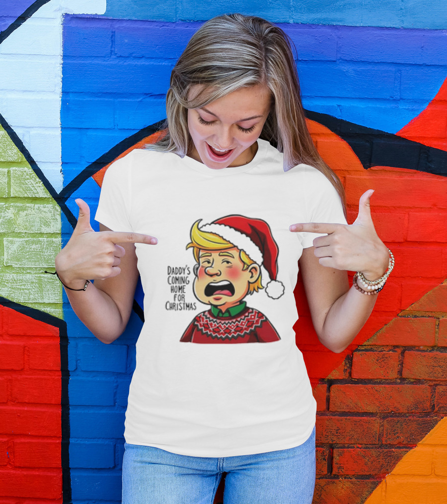Daddy's Coming Home For Christmas 2024 Santa Hat Sweater Cartoon T-Shirt