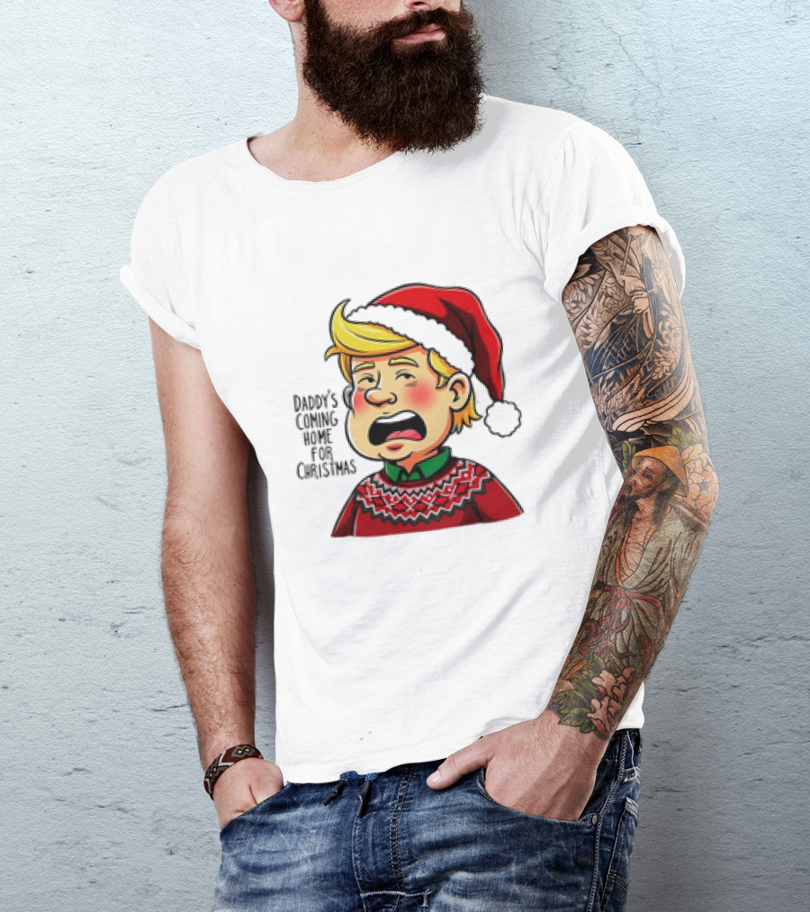Daddy's Coming Home For Christmas 2024 Santa Hat Sweater Cartoon T-Shirt