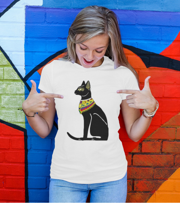 Regal Egyptian Cat With Colorful Geometric Scarf T-Shirt